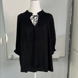 Current Air Black Relaxed Blouse with Tie Front and 3/4 Cuffed Sleeves